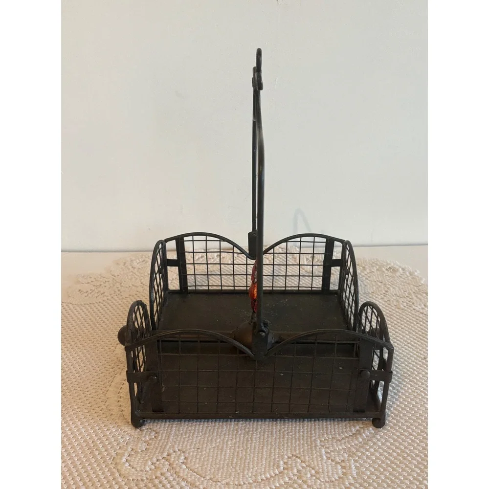 Vintage Black Metal Rooster Napkin Holder Farmhouse Wire Basket Weighted Arm